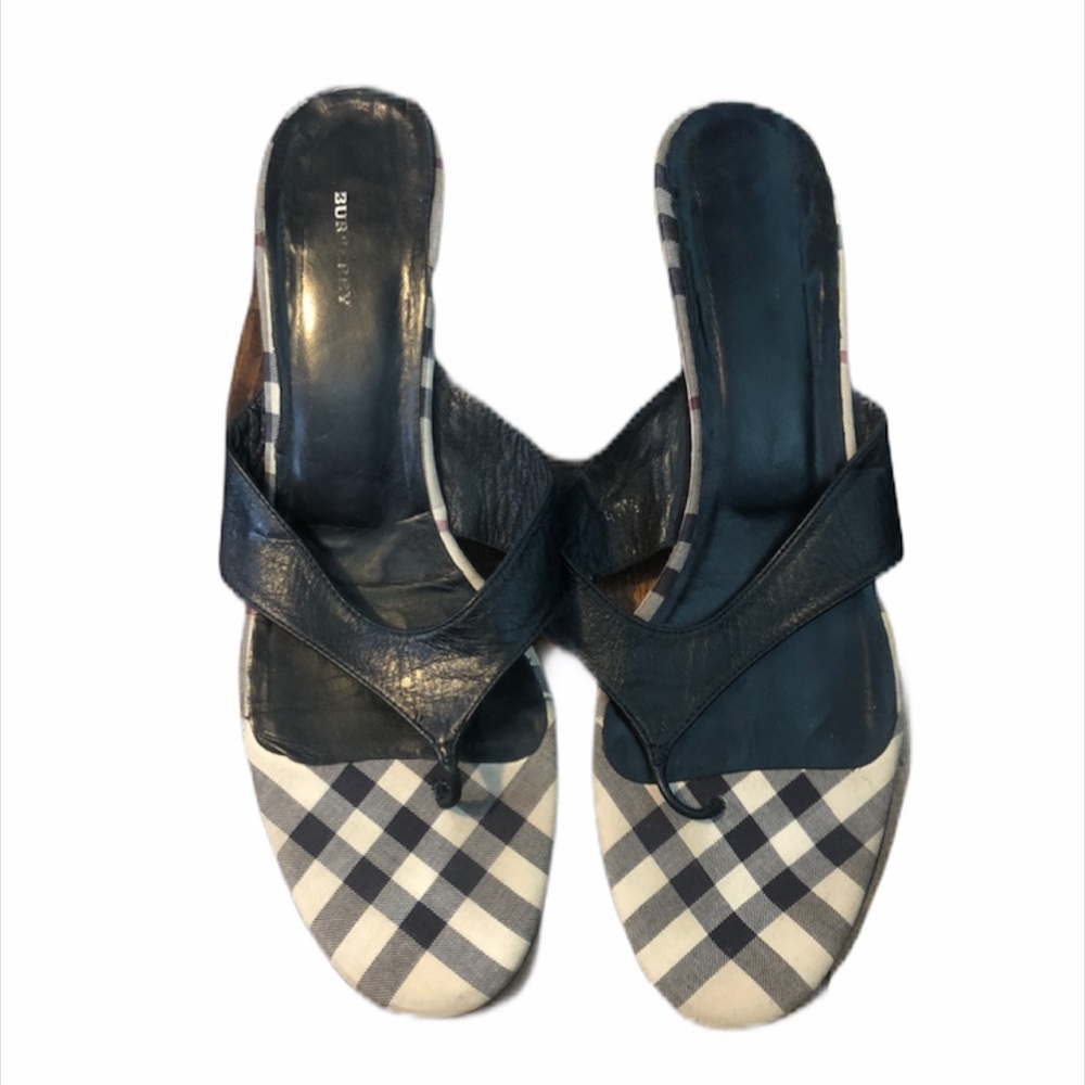 Burberry Plaid Leather Kitten Heel Thong Sandals